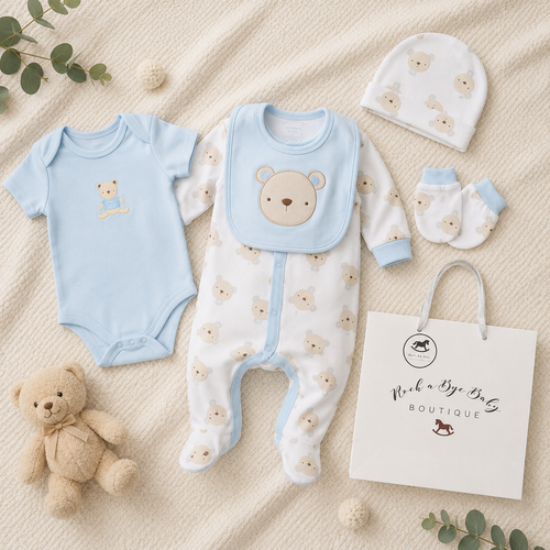 Baby Bear 5 Piece Newborn Gift Set in Sky Blue | Baby Boy Gift Set | Adorababy.co.uk
