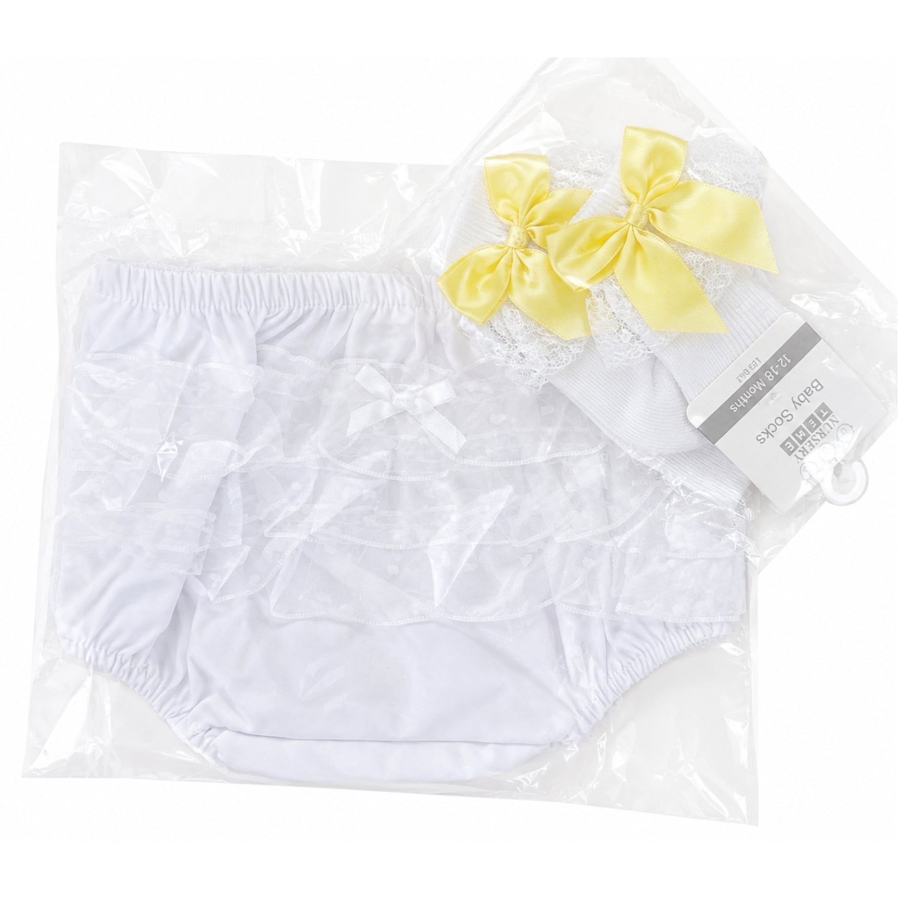 baby girls frilly white knickers and lace trimmed satin bow ankle socks adorababy.co.uk