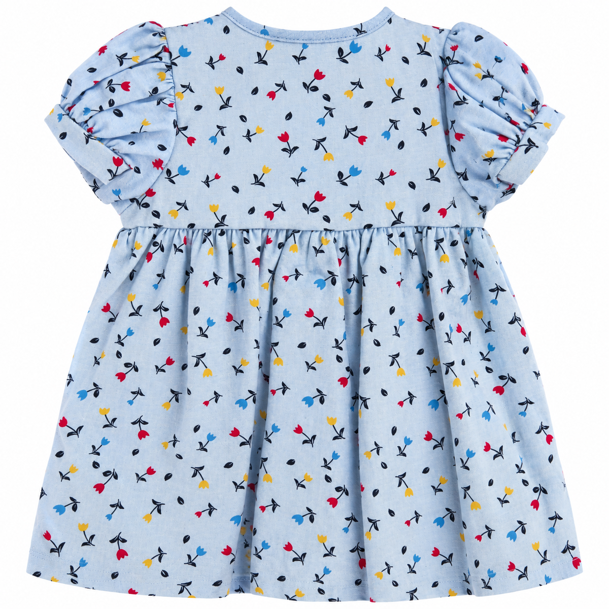 A light blue baby girl's dress with a small multicolor floral print, featuring puffed short sleeves and a gathered waist, shown against a plain white background.