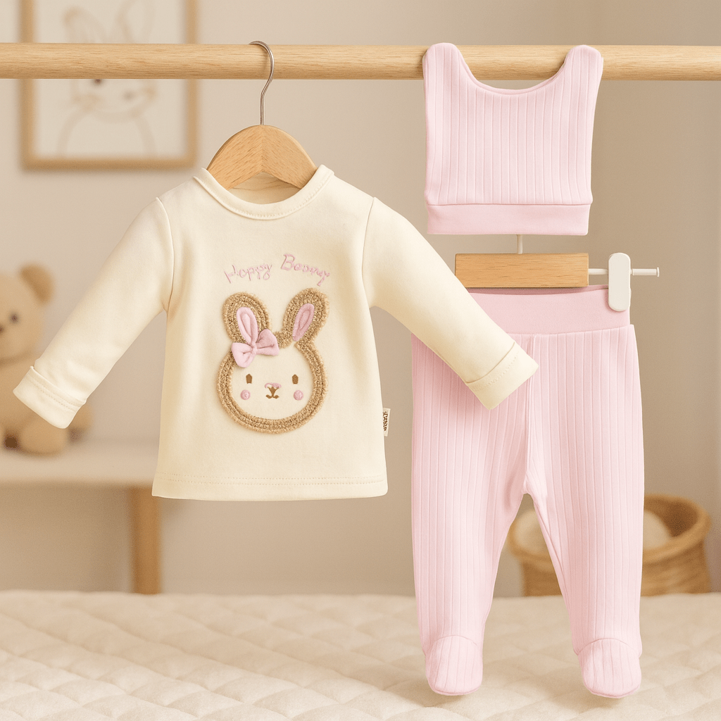 Happy Bunny Cotton 3-Piece Newborn Baby Set – Pink