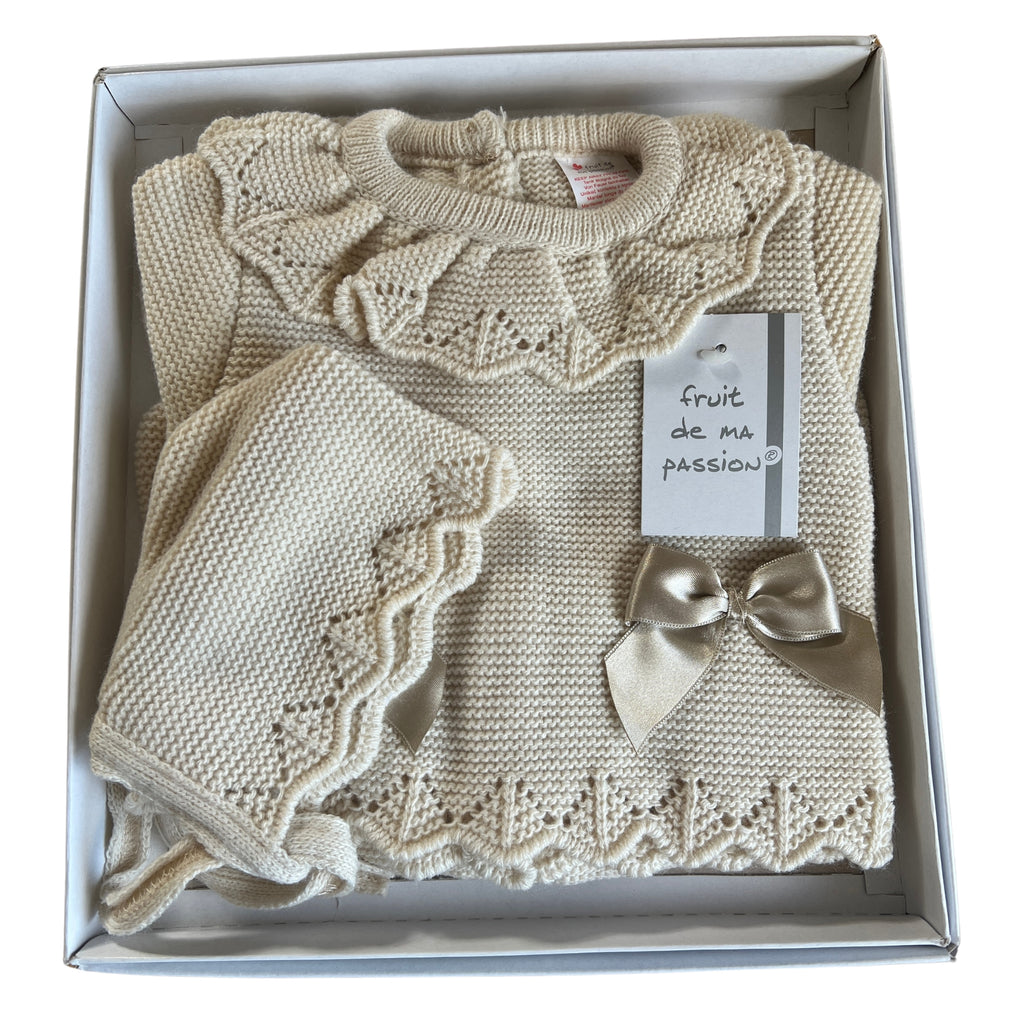 Fruit de Ma Passion Beige Ruffle Collar Knitted 3 Piece Baby Set with Bonnet