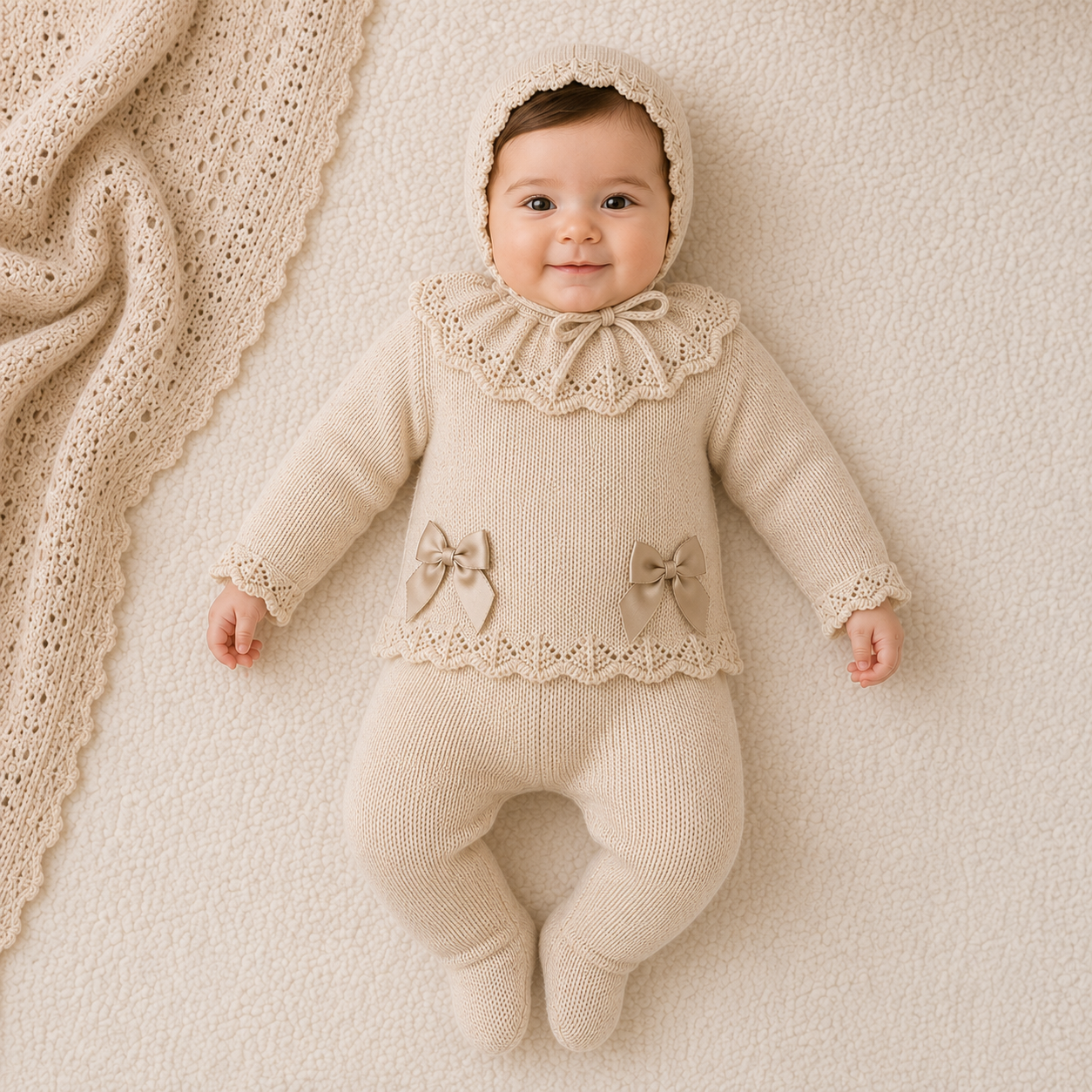 Fruit de Ma Passion Beige Ruffle Collar Knitted 3 Piece Baby Set with Bonnet