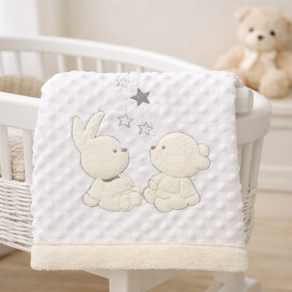 White Bubble Bunny & Bear Baby Blanket