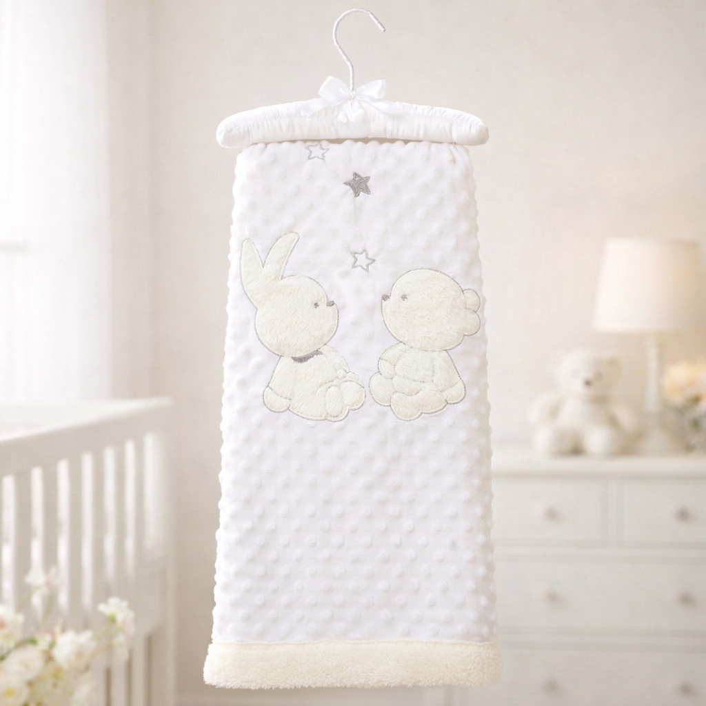 A white textured baby blanket with embroidered bunny and teddy bear motifs and small stars, hanging from a white plastic hanger in a softly lit nursery setting.