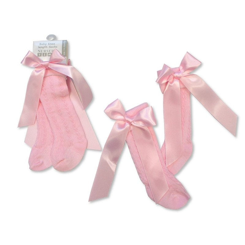 NURSERY TIME Pink Ribbed Knee Length Socks with Large Pink Satin Bow - Adorababy.co.uk