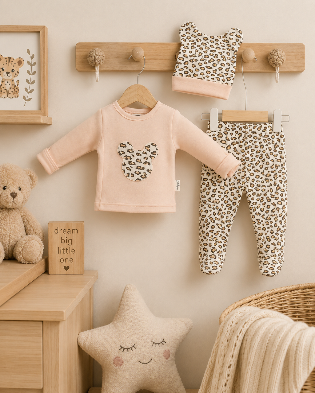 A baby clothing set displayed on a wooden wall rack in a styled nursery setting. The set includes a light pink long-sleeve top with a leopard-print cat face graphic, matching leopard-print pants, and a matching leopard-print bonnet.