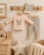 A baby clothing set displayed on a wooden wall rack in a styled nursery setting. The set includes a light pink long-sleeve top with a leopard-print cat face graphic, matching leopard-print pants, and a matching leopard-print bonnet.