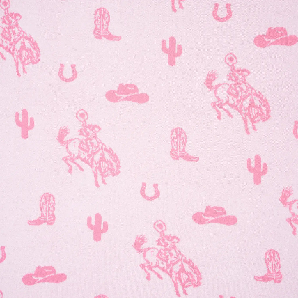 Pink Baby Girls Western Blanket | Cowgirl & Country Design | AdoraBaby Light pink fabric with a repeating western-themed print featuring pink cowboy riders, boots, hats, cacti, and horseshoes.