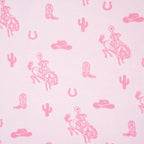 Pink Baby Girls Western Blanket | Cowgirl & Country Design | AdoraBaby Light pink fabric with a repeating western-themed print featuring pink cowboy riders, boots, hats, cacti, and horseshoes.