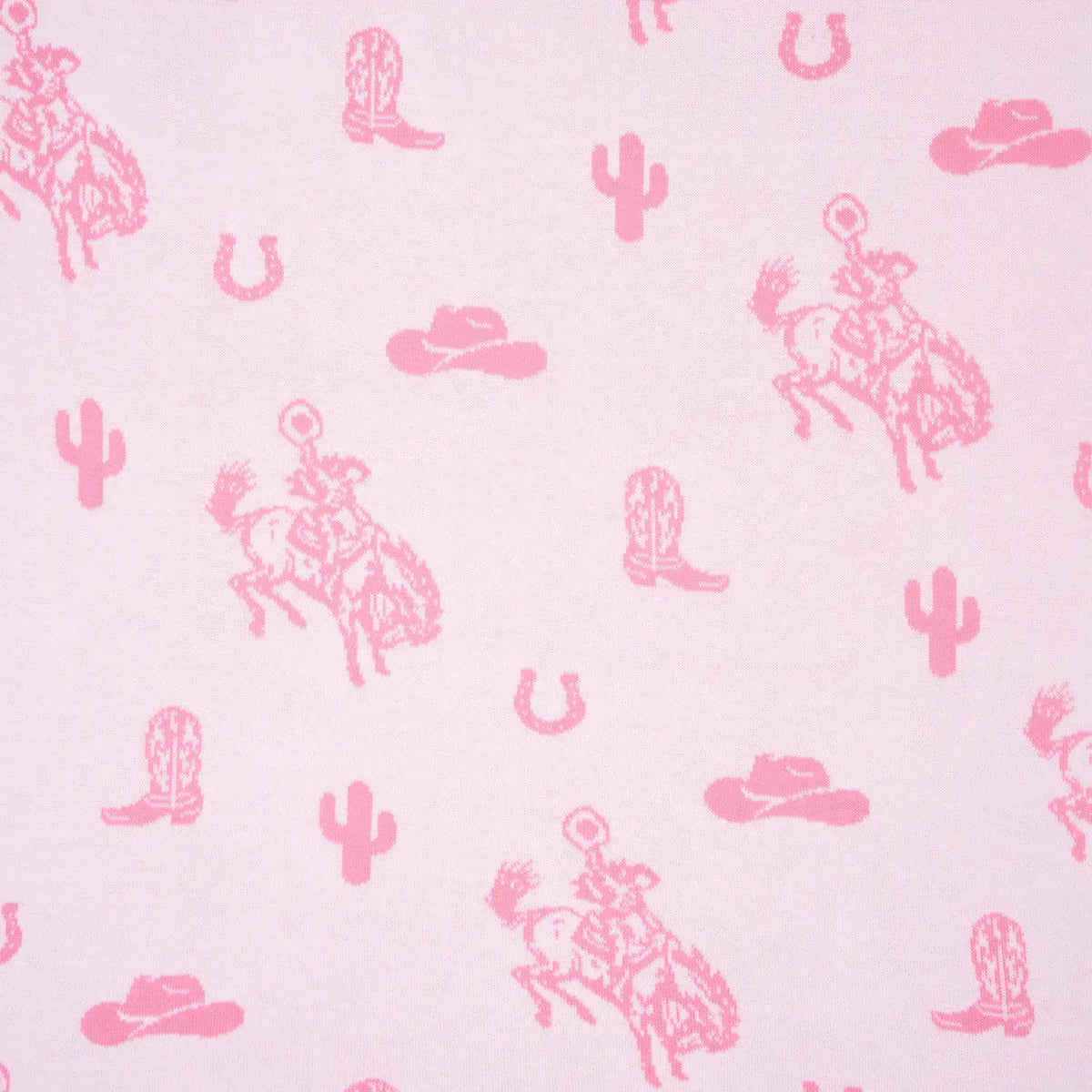 Pink Baby Girls Western Blanket | Cowgirl & Country Design | AdoraBaby Light pink fabric with a repeating western-themed print featuring pink cowboy riders, boots, hats, cacti, and horseshoes.