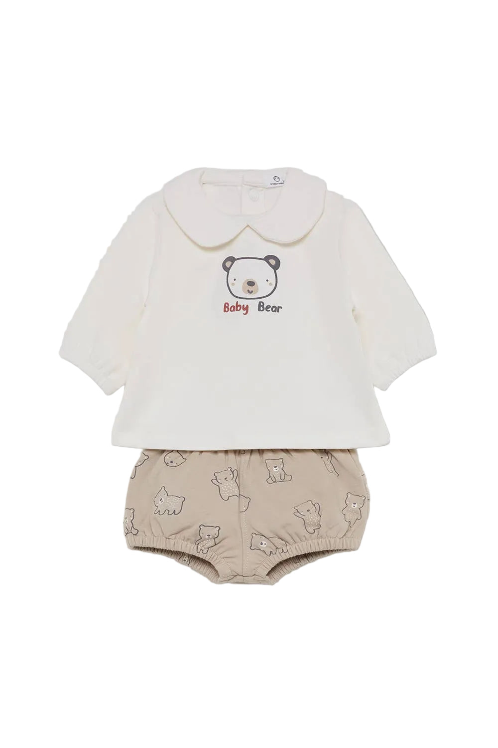 A baby clothing set featuring an off-white long-sleeve top with a Peter Pan collar and a 'Baby Bear' bear graphic, paired with beige patterned bloomers, displayed on a neutral gray background.