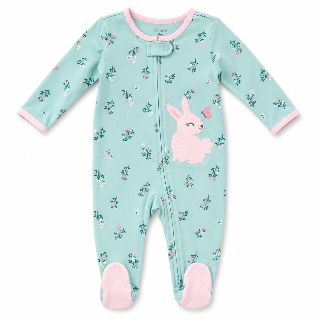 Green Floral Bunny Baby Sleepsuit