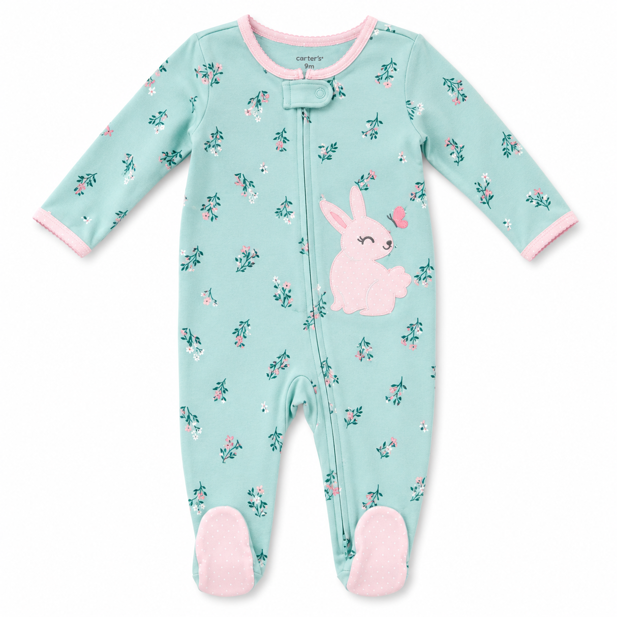 Green Floral Bunny Baby Sleepsuit
