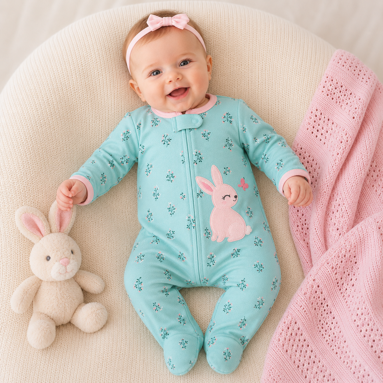 Green Floral Bunny Baby Sleepsuit