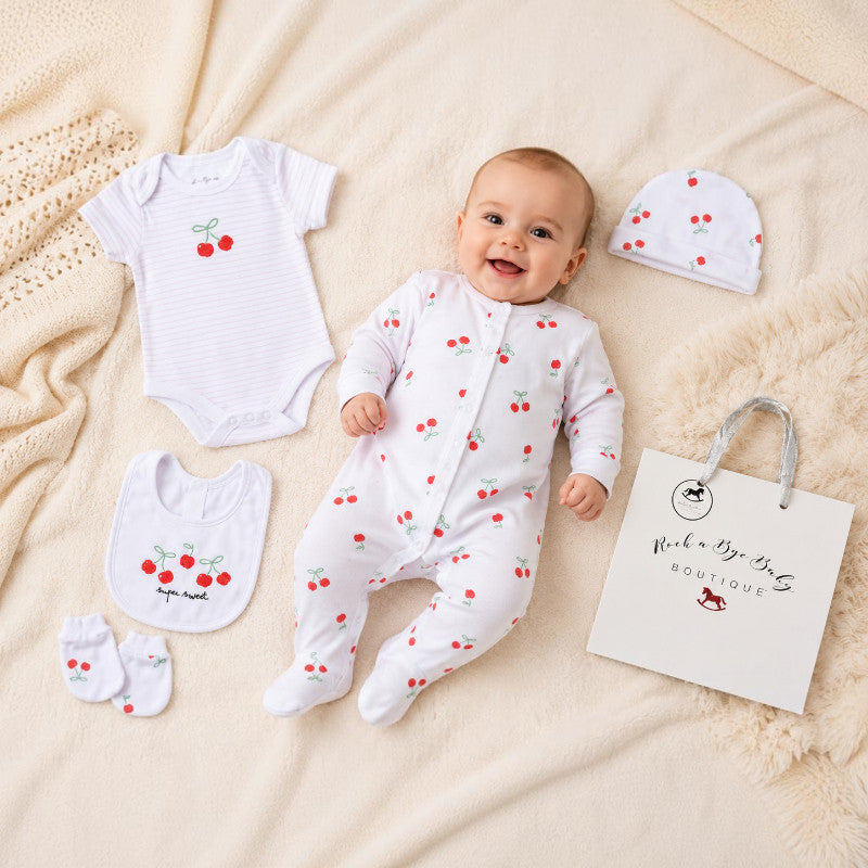 Super Sweet Cherries Design 5 Piece Baby Layette Gift Set
