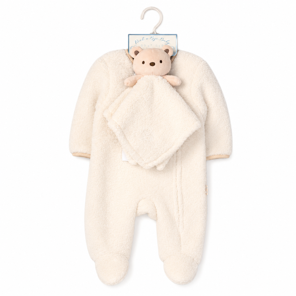 Rock A Bye Baby Unisex Borg Pramsuit & Bear Comforter Set – Cream