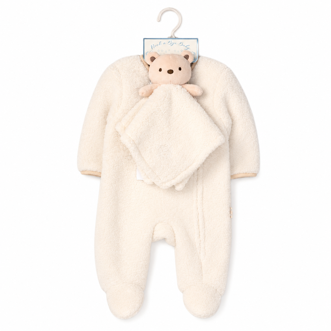 Rock A Bye Baby Unisex Borg Pramsuit & Bear Comforter Set – Cream