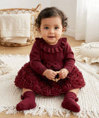 Rose Knit Baby Girls Occasion Dress - Burgundy Red or Ivory