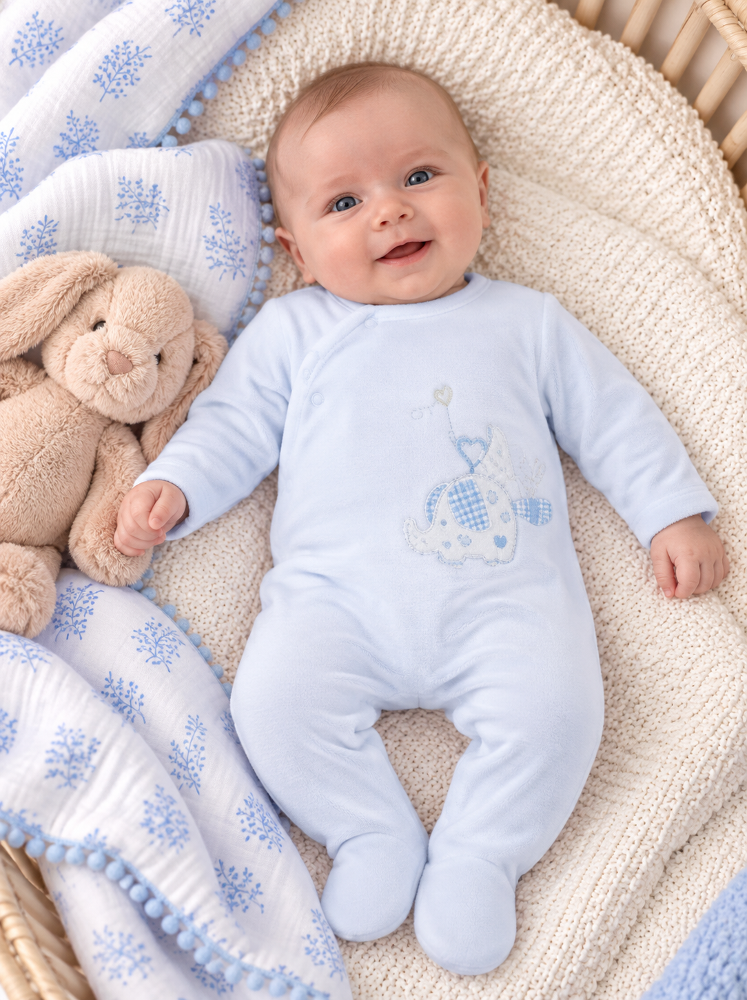 Baby Blue Soft Cotton Newborn Romper - Elephant & Bird with Balloon