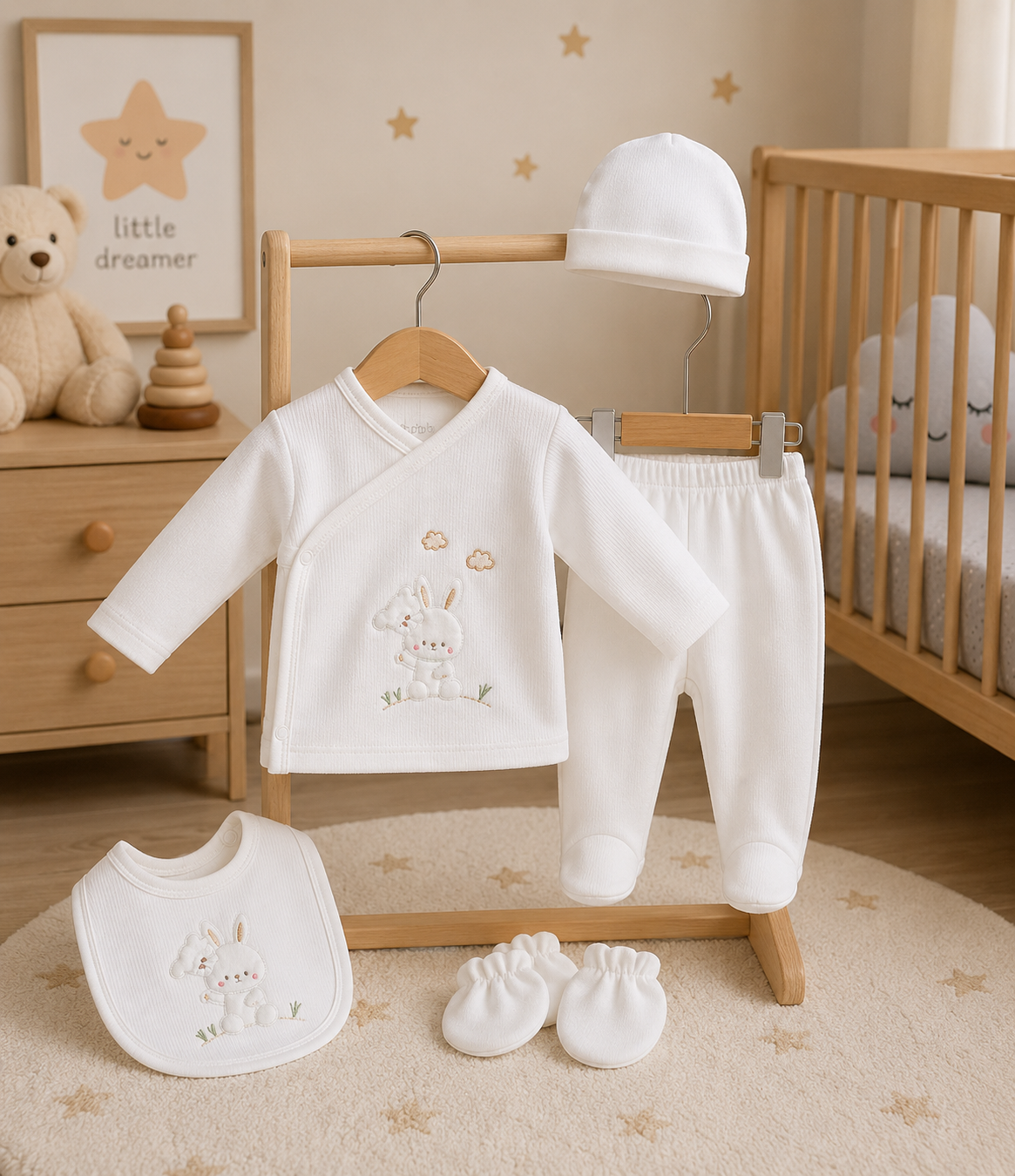 A white baby clothing set displayed on a wooden stand in a softly styled nursery. The set includes a long-sleeve wrap-style top with a bunny embroidery, matching pants, a beanie hat, a bib, and mittens.