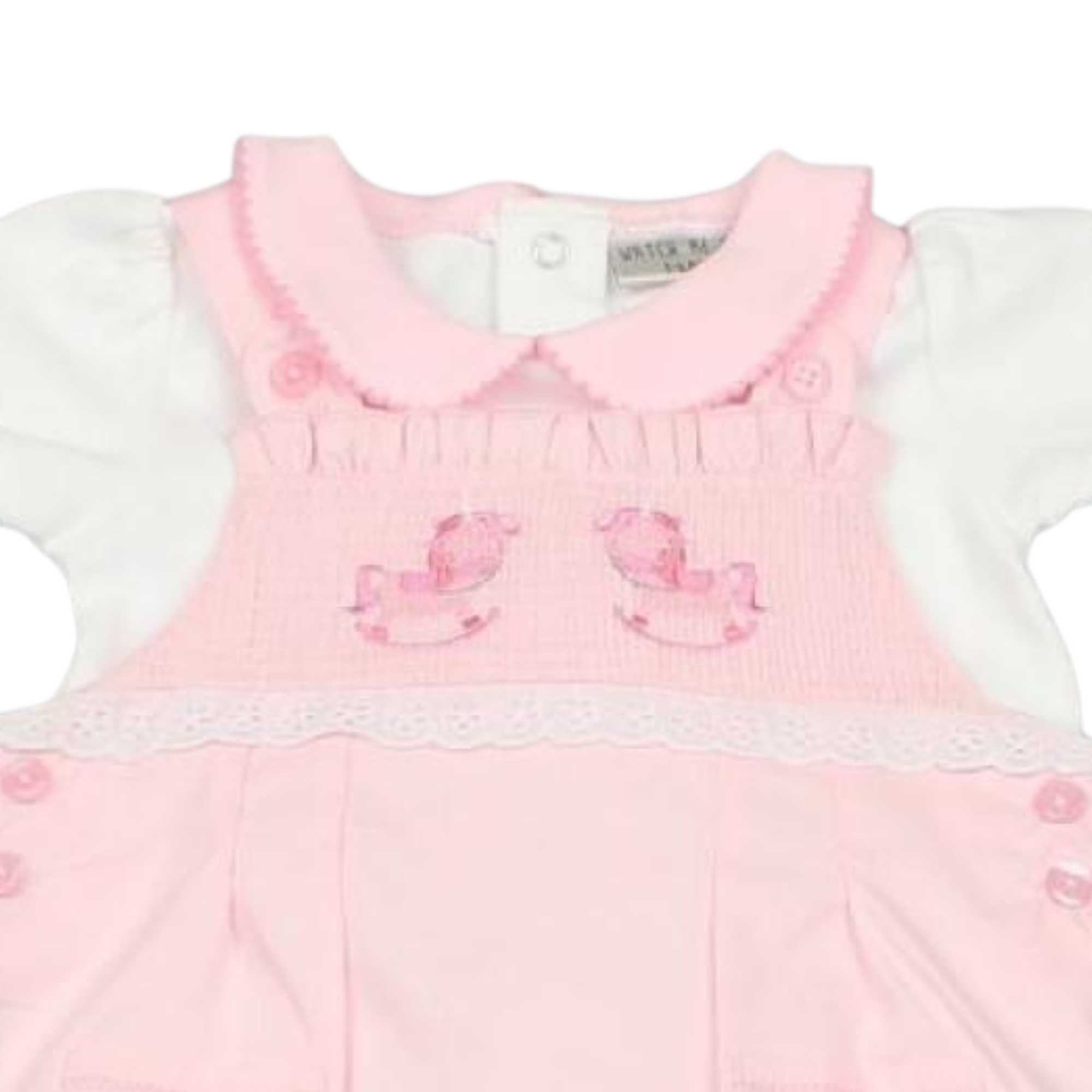 Pink baby romper with rocking horse embroidery on a white background | Adorababy.co.uk