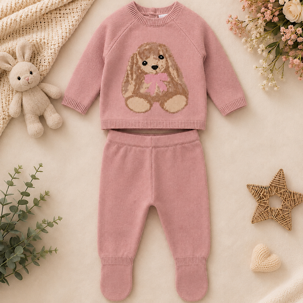 Dusky Rose Pink Knitted Bunny Baby Two-Piece Set