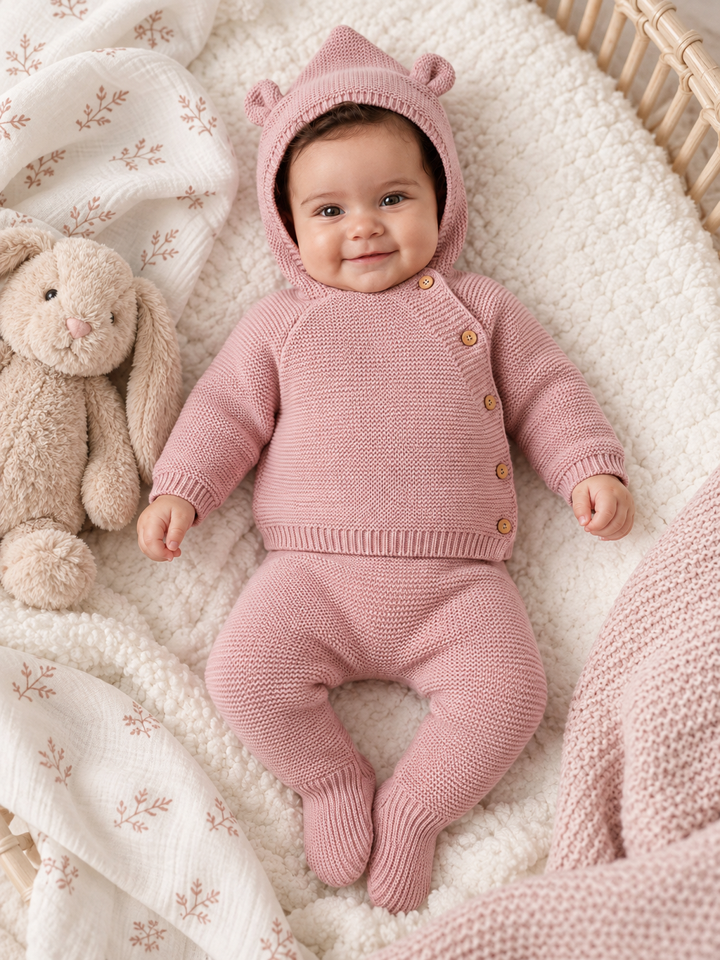 Dusty Pink Fruit De Ma Passion Knitted Set with Hooded Top & Footed Trousers