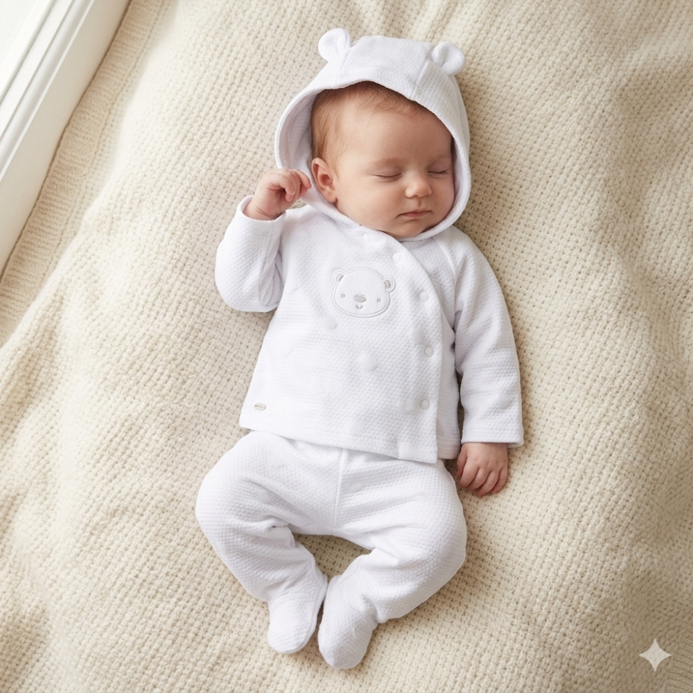 Baby Unisex White Quilt Jacquard Jacket & Footed Trousers Outfit