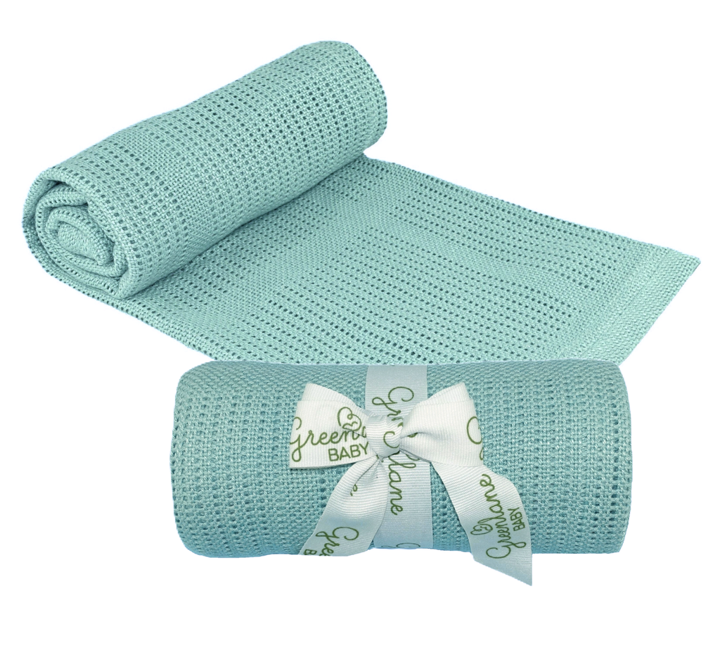 Two light green baby blankets, one rolled and one with a ribbon, on a white background. Adorababy.co.uk