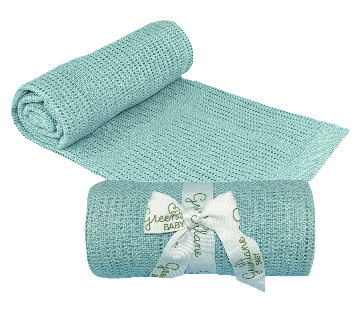 Two light green baby blankets, one rolled and one with a ribbon, on a white background. Adorababy.co.uk