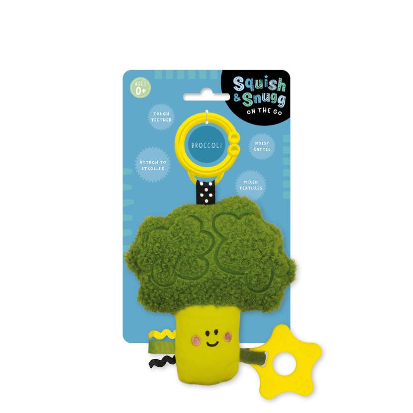 Toy shaped like a broccoli with a smiley face on a blue packaging background