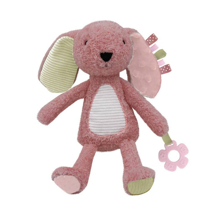 Pink plush bunny toy with a teether on a white background