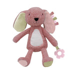 Pink plush bunny toy with a teether on a white background