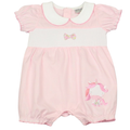 Pink baby romper with white collar and unicorn design on a white background  Adorababy.co.uk