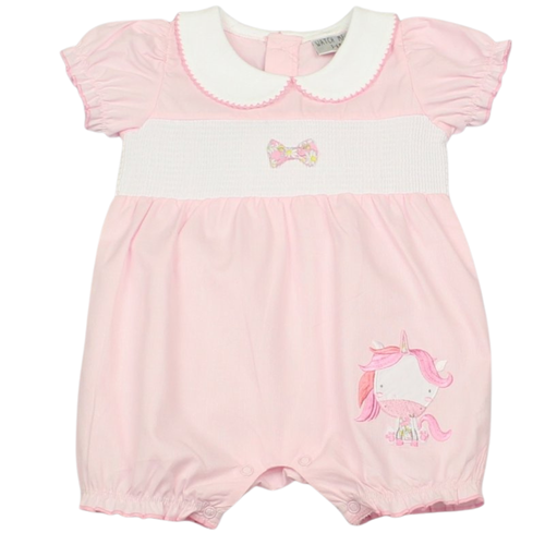 Pink baby romper with white collar and unicorn design on a white background  Adorababy.co.uk