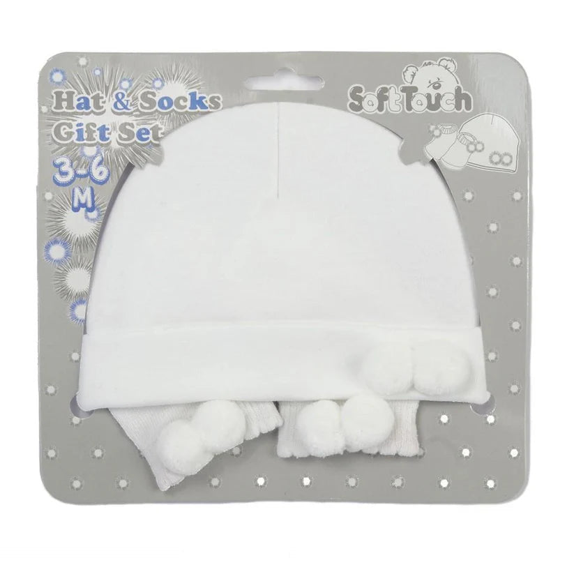 White Pom Pom Baby Hat & Socks Gift Set