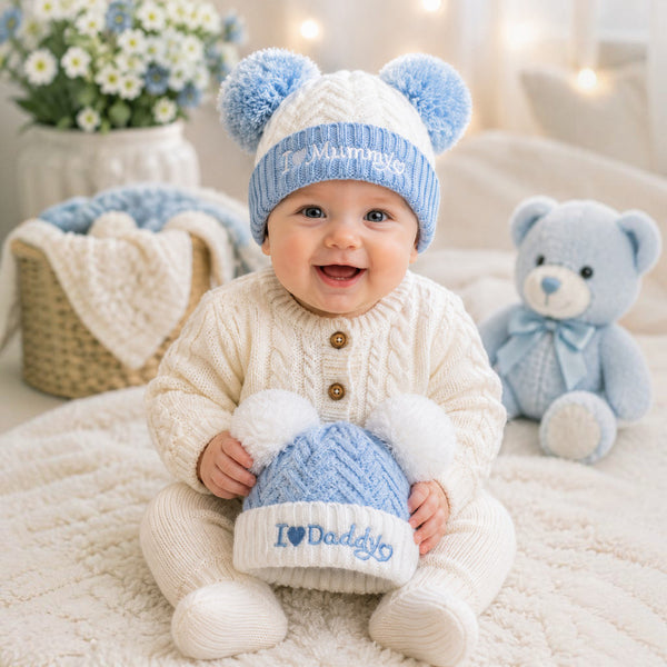 Soft Touch Blue & White Baby Hat – I Love Daddy / I Love Mummy