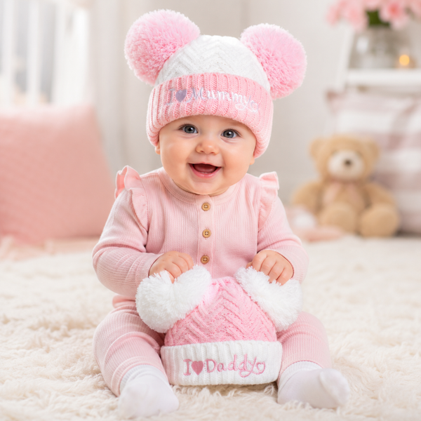 A baby wearing a pink and white ribbed knit one-piece outfit, a matching pink and white knit hat with pom-poms, and white socks, sitting on a fluffy cream rug in a soft nursery setting with a teddy bear in the background.
