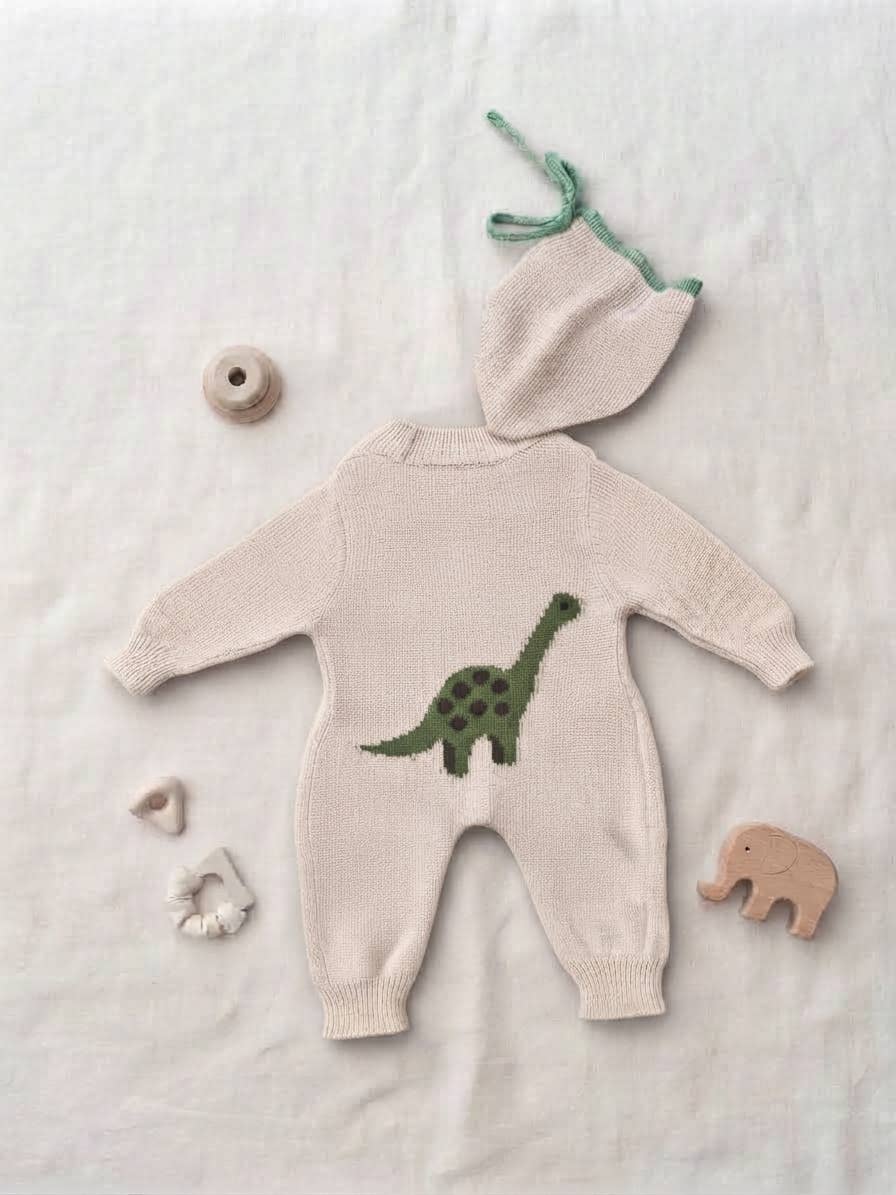 Sevva Ivory Dino Knitted Baby Romper and hat | AdoraBaby