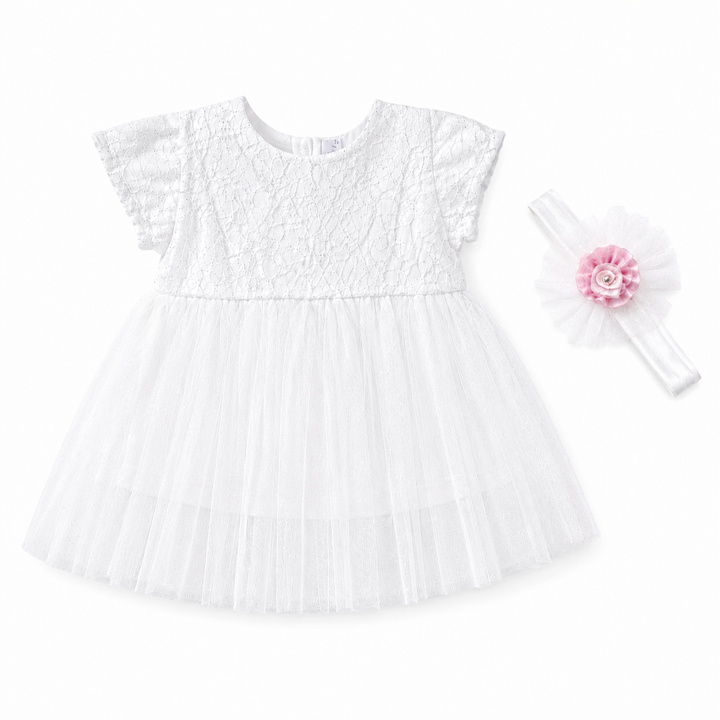 Ivory White Sparkle Baby Girls Dress & Headband Set