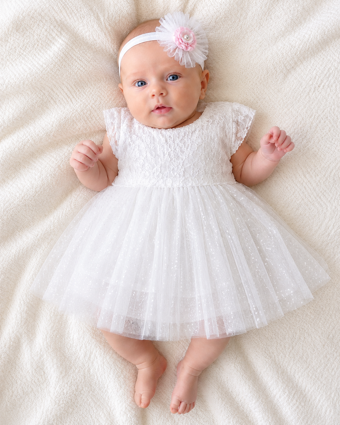 Ivory White Sparkle Baby Girls Dress & Headband Set