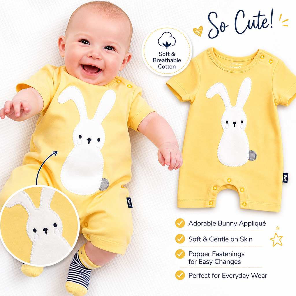 Bunny Time  Yellow Organic Cotton Baby Romper