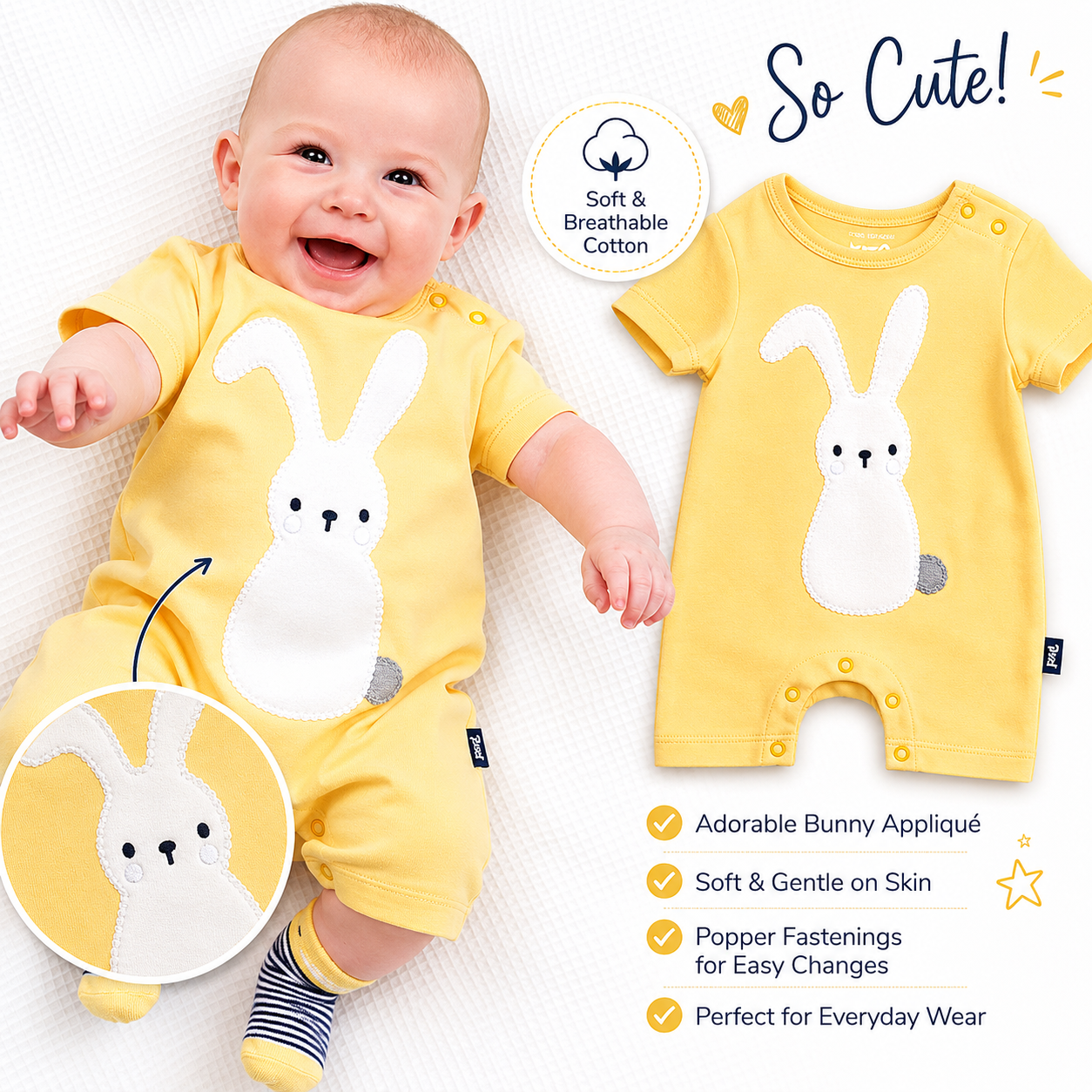 Bunny Time  Yellow Organic Cotton Baby Romper
