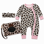 Leopard print baby romper with pink accents, matching headband, and pouch on a white background. | Adorababy.co.uk