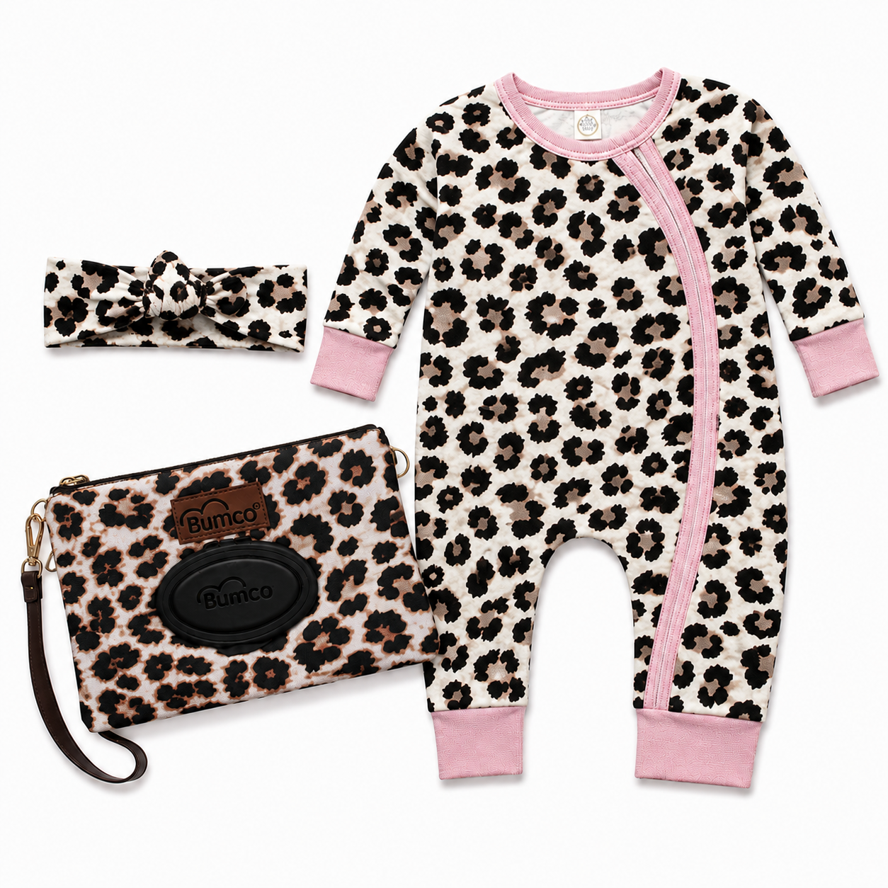 Leopard print baby romper with pink accents, matching headband, and pouch on a white background. | Adorababy.co.uk