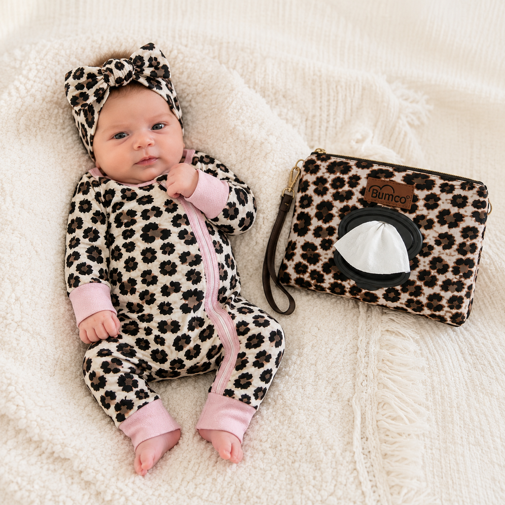 Baby in leopard print outfit with matching pouch on a soft surface | Adorababy.co.uk