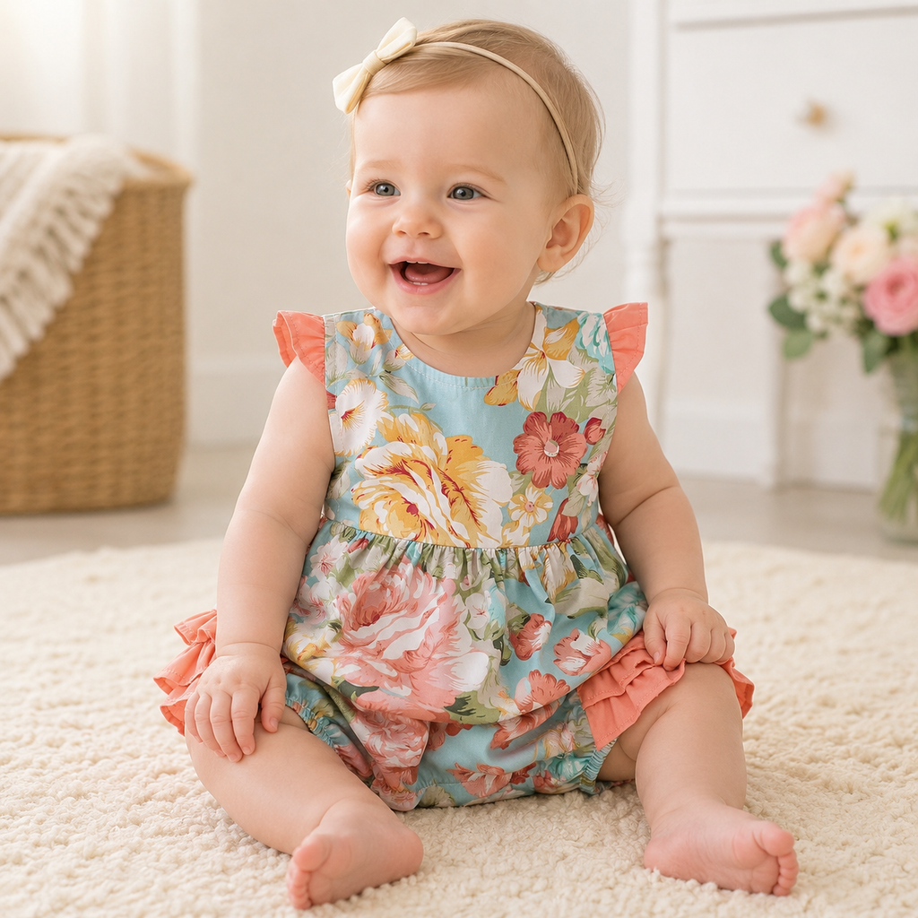 Baby wearing a floral dress sitting on a carpeted floor.