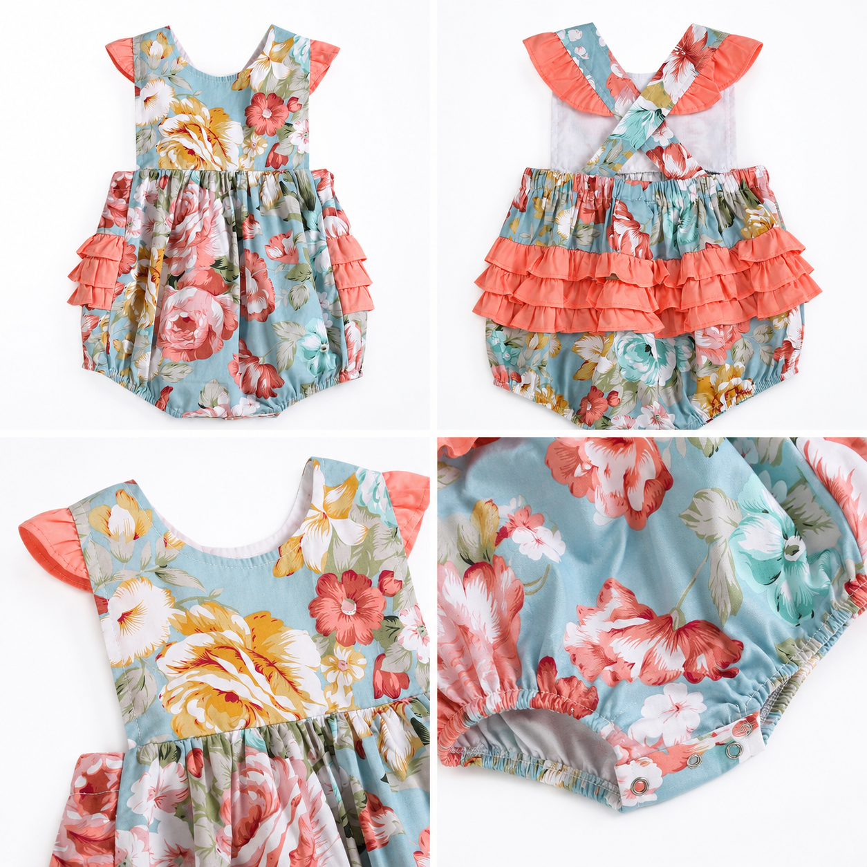 Floral baby romper with ruffled details on a white background