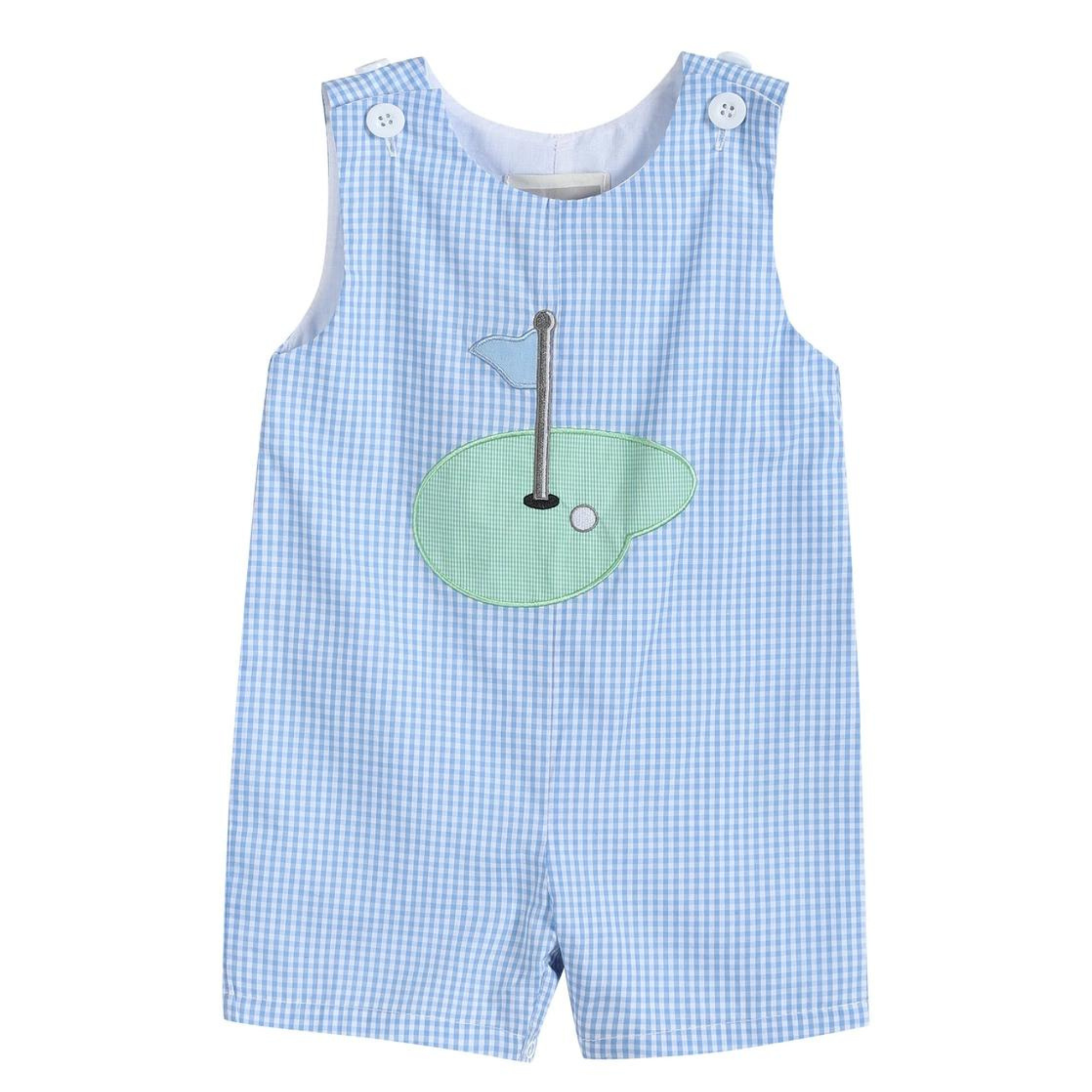 Blue Gingham Baby Boy Golf Applique Shortie Dungaree Romper