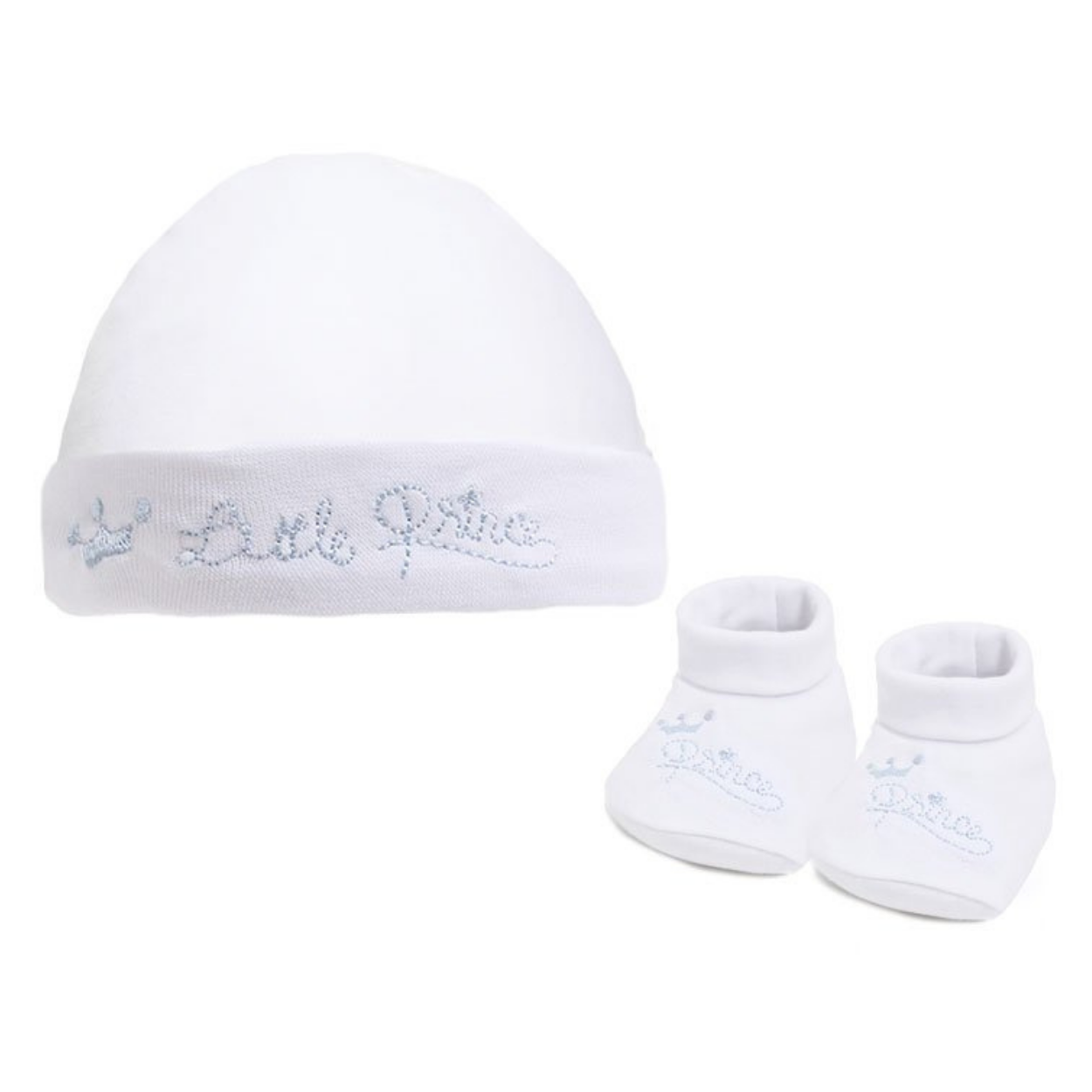 SOFT TOUCH White Cotton Hat & Bootie Gift Set with Little Prince Embroidery - adorababy uk
